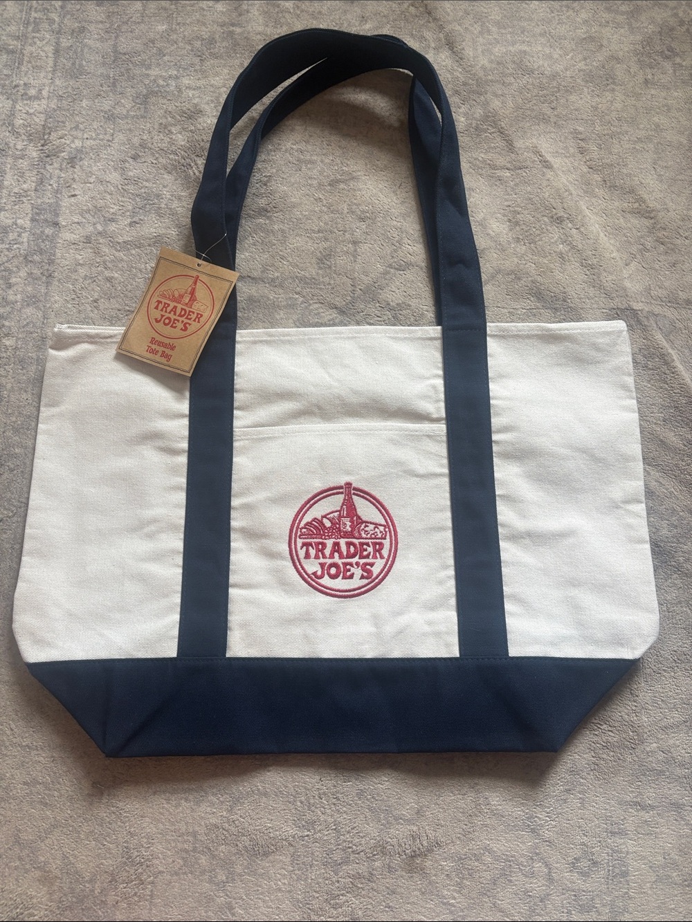 Trader Joe's Navy and White Canvas Tote Bag